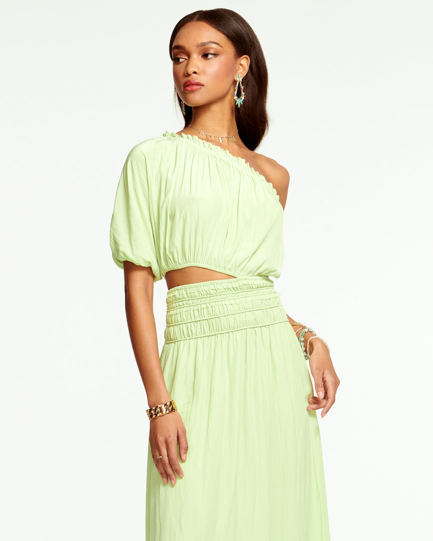 Ramy Brook Dina Smocked Midi Cutout Dress Wedding Guest Edit