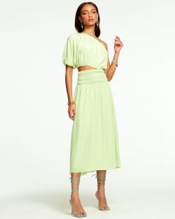 Ramy Brook Dina Smocked Midi Cutout Dress Wedding Guest Edit