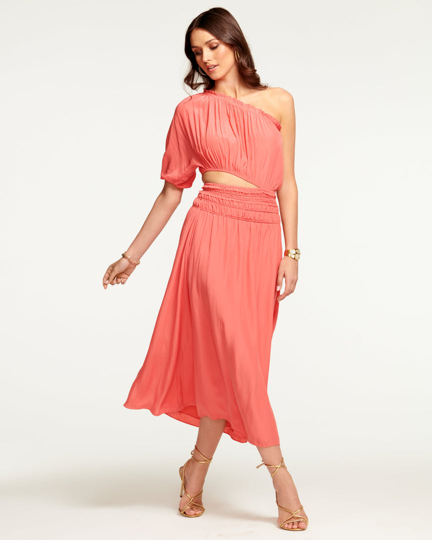 Ramy Brook Dina Smocked Midi Cutout Dress Wedding Guest Edit